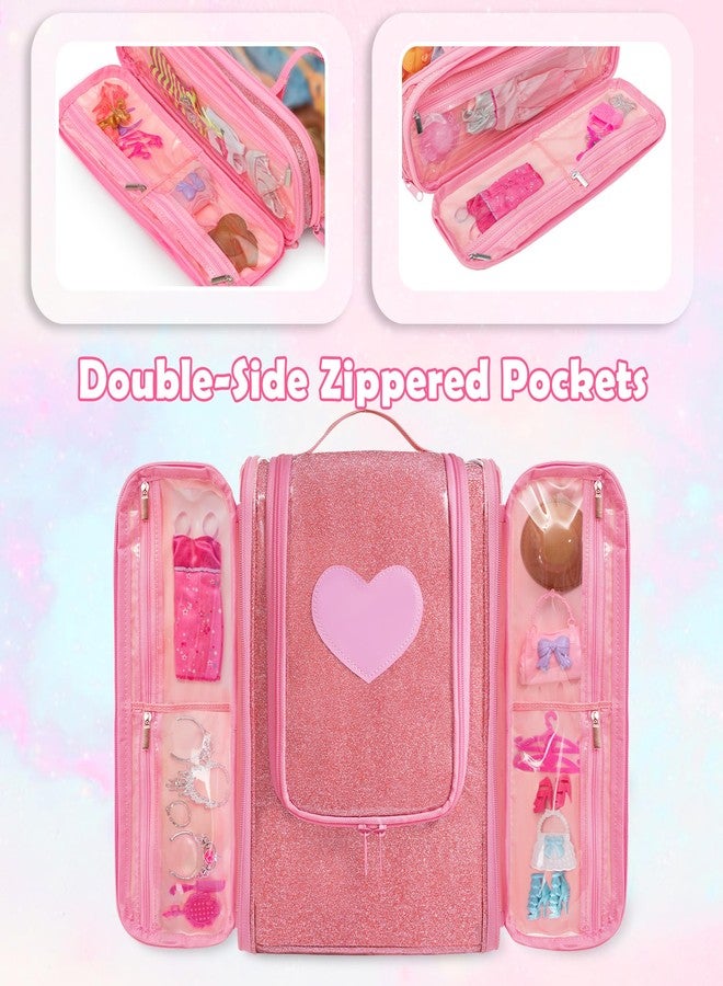 LoDrid Travel Carrying Case Compatible with Barbie Dolls 12-inch Holds up to 6 Dolls, Display Organizer with Hanging Hook, Doll Clothes Storage with Multiple Pockets for Accessories, Bag Only, Pink - Image 2